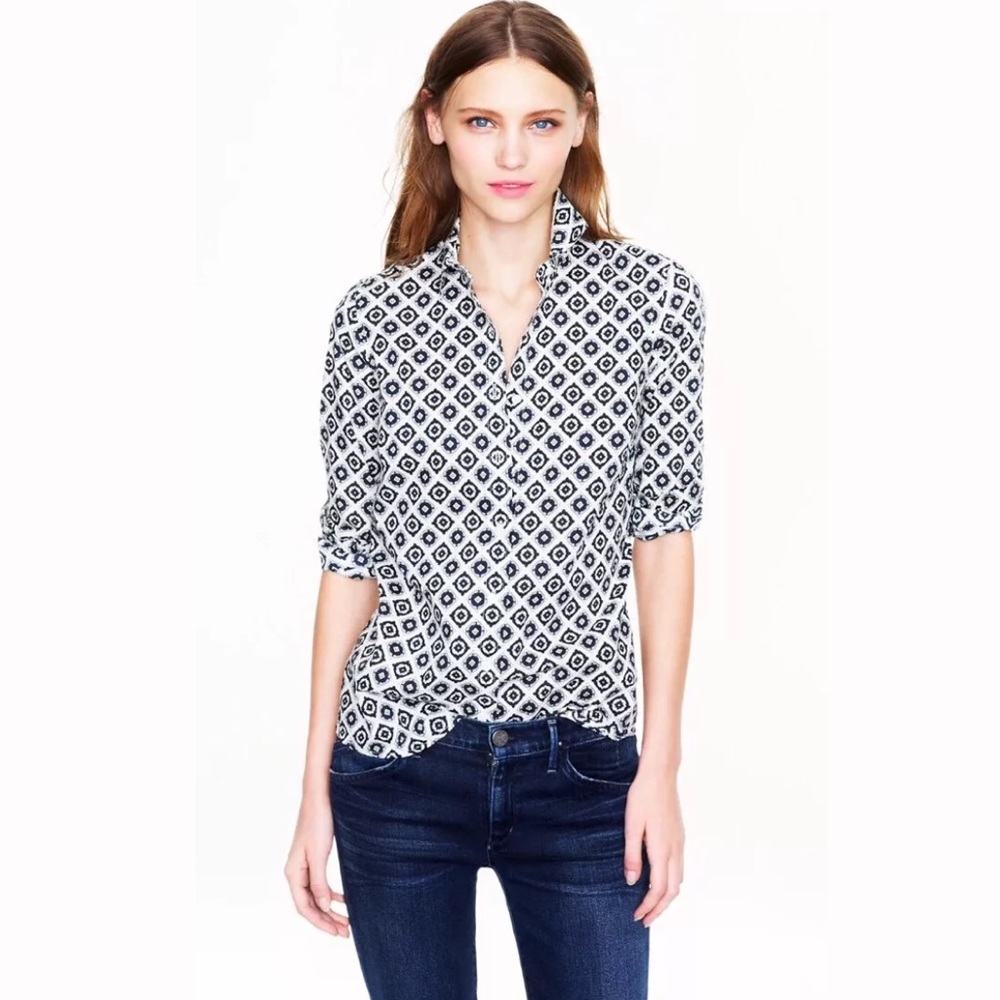 J. CREW Perfect Shirt Foulard Medallion Print Top Blouse Button Down Lightweight